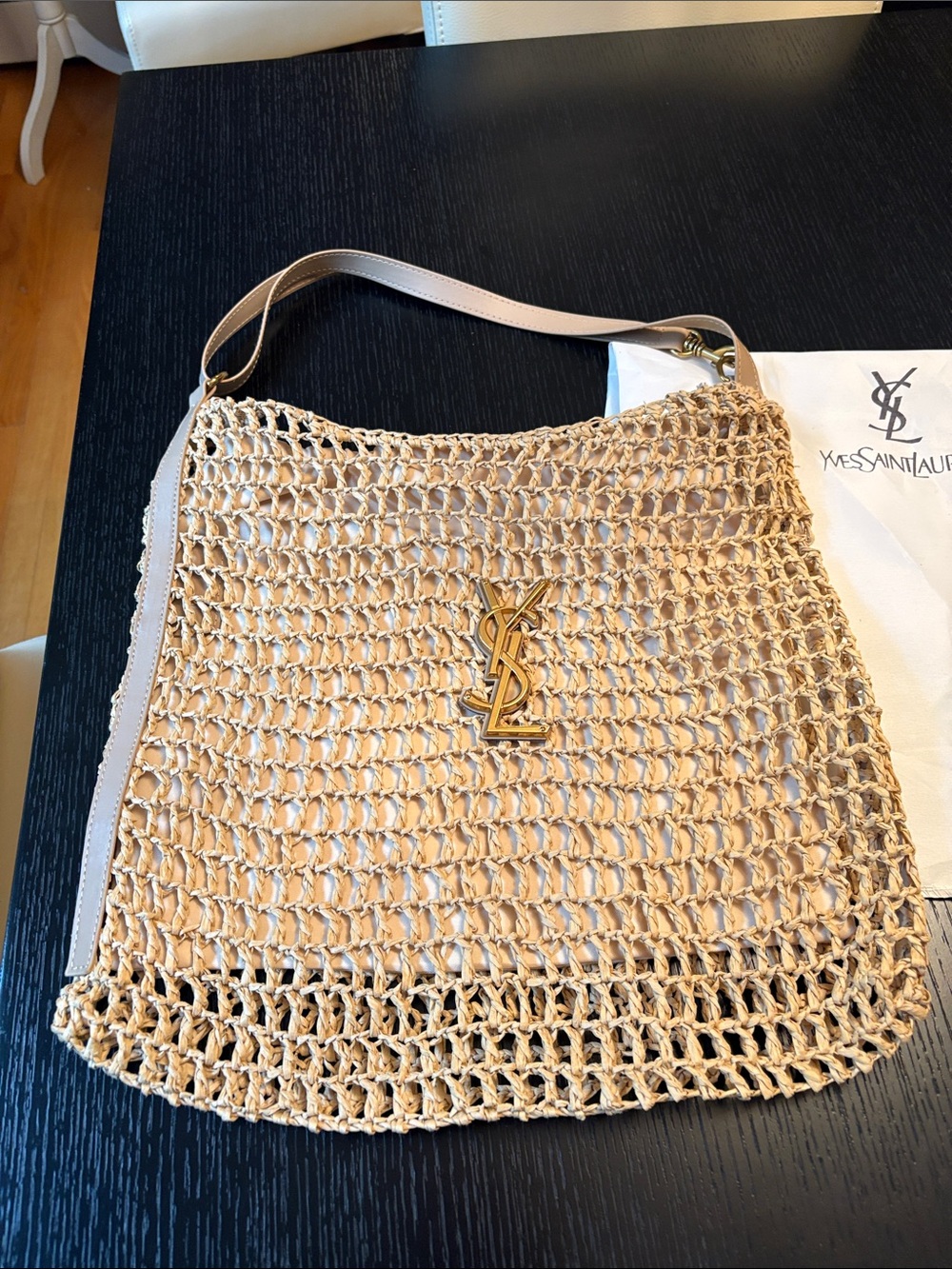 Yves Saint Laurent(like) Beige Crochet Shoulder Bag with Gold YSL Logo